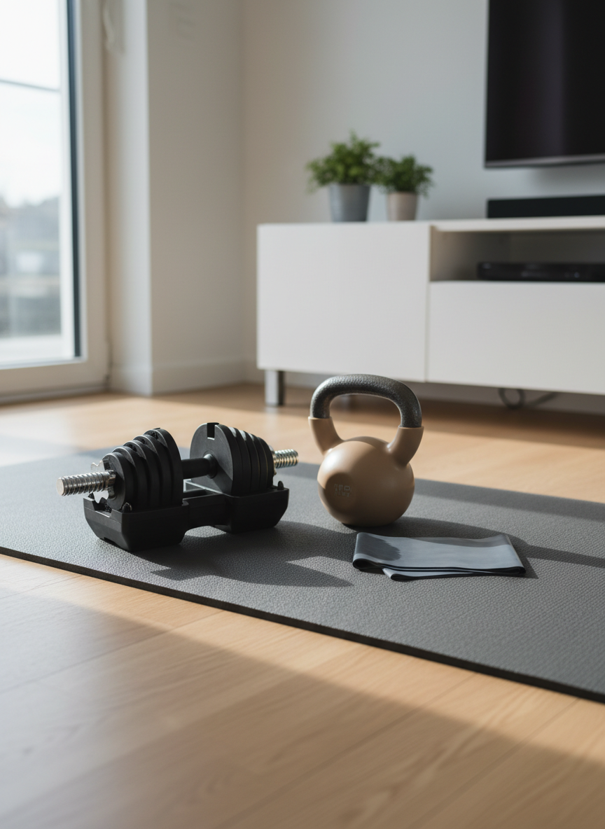 A neatly arranged home workout corner featuring a sleek matte-black adjustable dumbbell set paired with a sand-colored kettlebell and a folded slate-gray resistance band, all resting on a thick, charcoal foam exercise mat. The scene is set in a bright, modern living room with light oak flooring and a low, white media console in the softly blurred background. Late-morning natural light pours in from a large unseen window, casting clean, defined shadows and subtle highlights on the equipment. Photographic realism, shot at eye level with a shallow depth of field, creates a professional yet inviting atmosphere that feels energizing, organized, and achievable for busy women training at home.